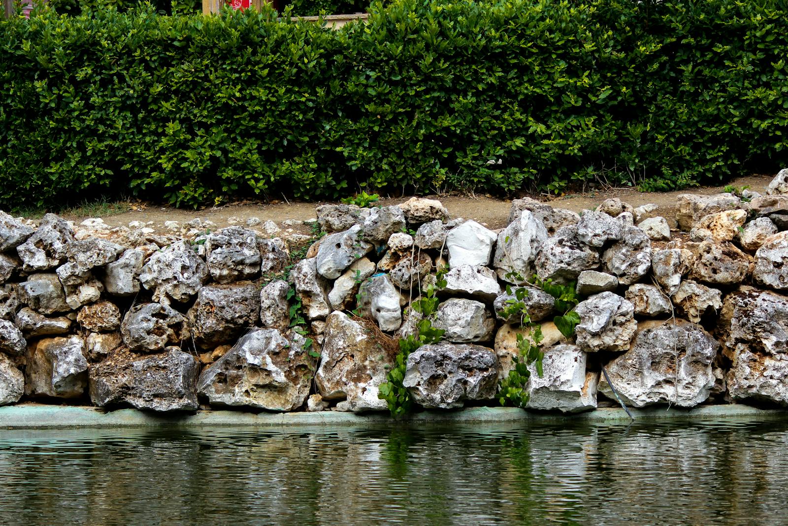 Stone retaining wall around a pond with manicured hedge